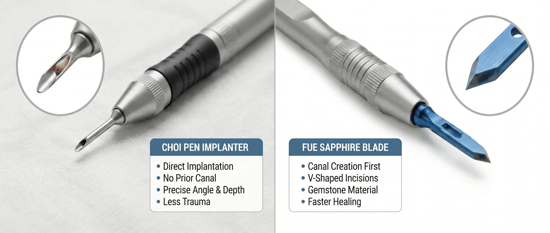 Stylo Choi Pen vs Lame FUE Saphir — Comparaison des instruments de réparation capillaire | Renaissance Clinique Comparaison photographique côte à côte du stylo implanteur Choi Pen (implantation directe, sans canal préalable, angle et profondeur précis, moins de traumatisme) et de la lame FUE Saphir (création de canaux en V, matériau en pierre précieuse, cicatrisation plus rapide) avec vues agrandies des pointes de chaque instrument