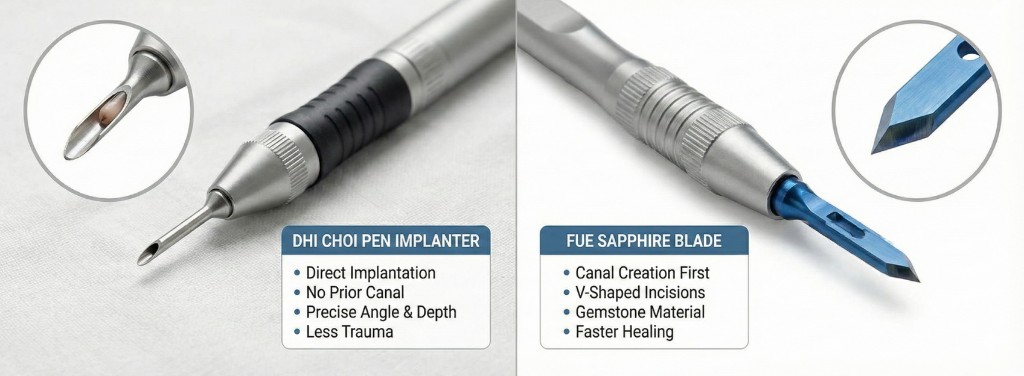 Comparaison photographique côte à côte du stylo implanteur DHI Choi (implantation directe, sans canal préalable, angle et profondeur précis, moins de traumatisme) et de la lame FUE Saphir (création de canaux en V, matériau en pierre précieuse, cicatrisation plus rapide) avec vues agrandies des pointes de chaque instrument