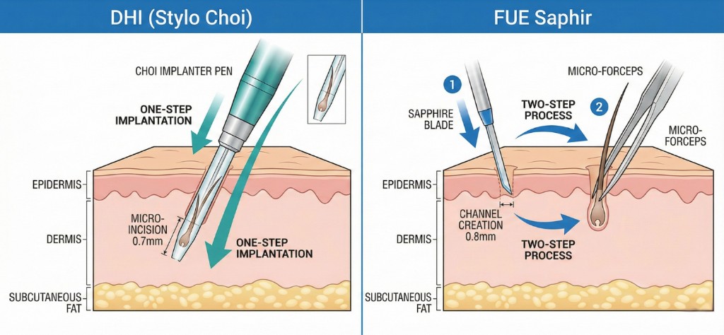 Comparaison en coupe du cuir chevelu des techniques DHI vs FUE Saphir : à gauche, le stylo Choi (DHI) réalise une implantation directe en 1 étape (one-step) avec micro-incision de 0.7mm traversant épiderme et derme ; à droite, la FUE Saphir procède en 2 étapes (two-step) — création du canal de 0.8mm avec lame saphir puis insertion du greffon avec micro-pinces (micro-forceps). Couches visibles : épiderme, derme, tissu sous-cutané