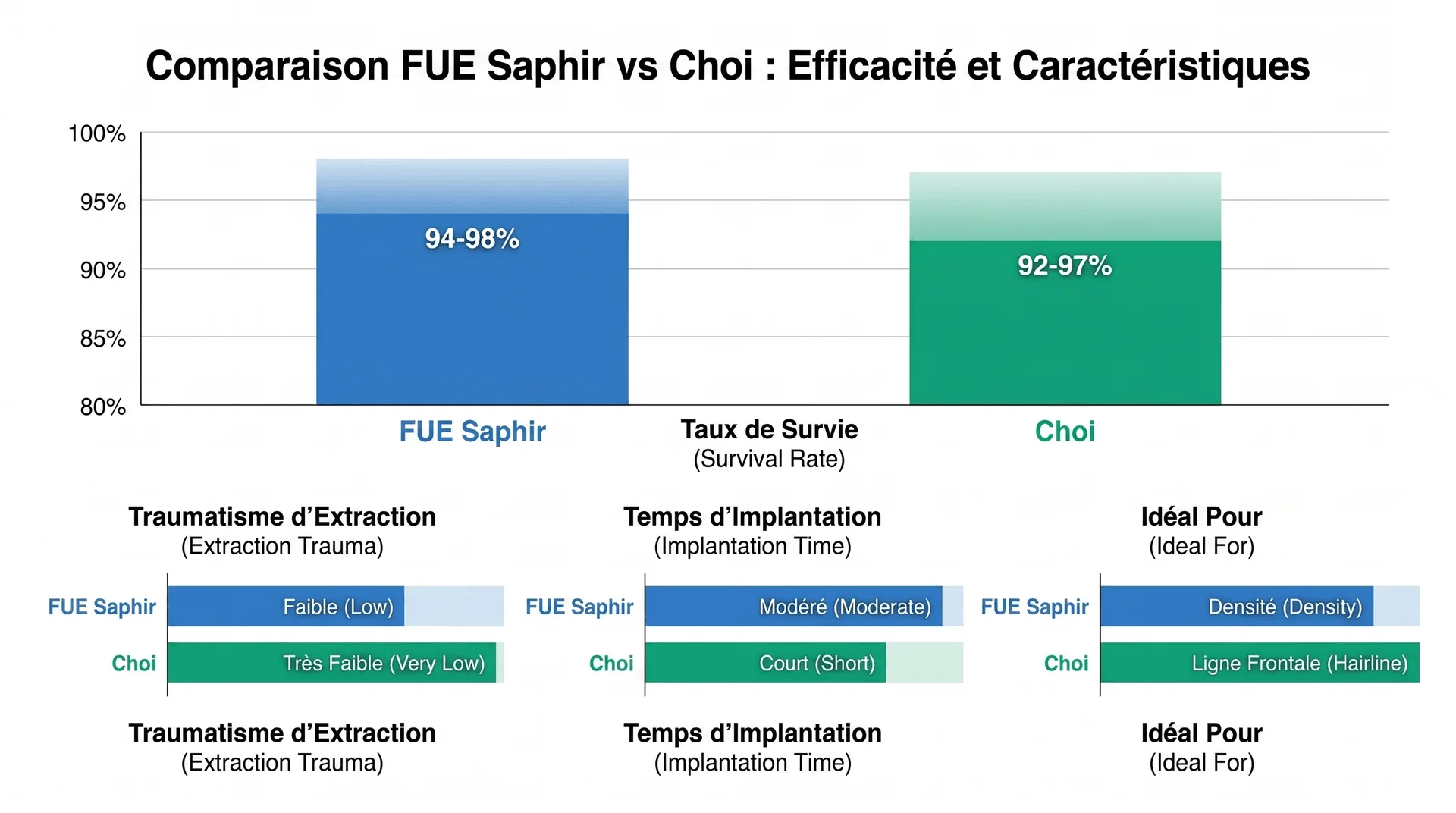 Infographie comparative FUE Saphir vs Choi Pen : taux de survie des greffons (94-98% vs 92-97%), traumatisme d'extraction (faible vs très faible), temps d'implantation (modéré vs court), idéal pour (densité vs ligne frontale) — comparaison efficacité et caractéristiques techniques