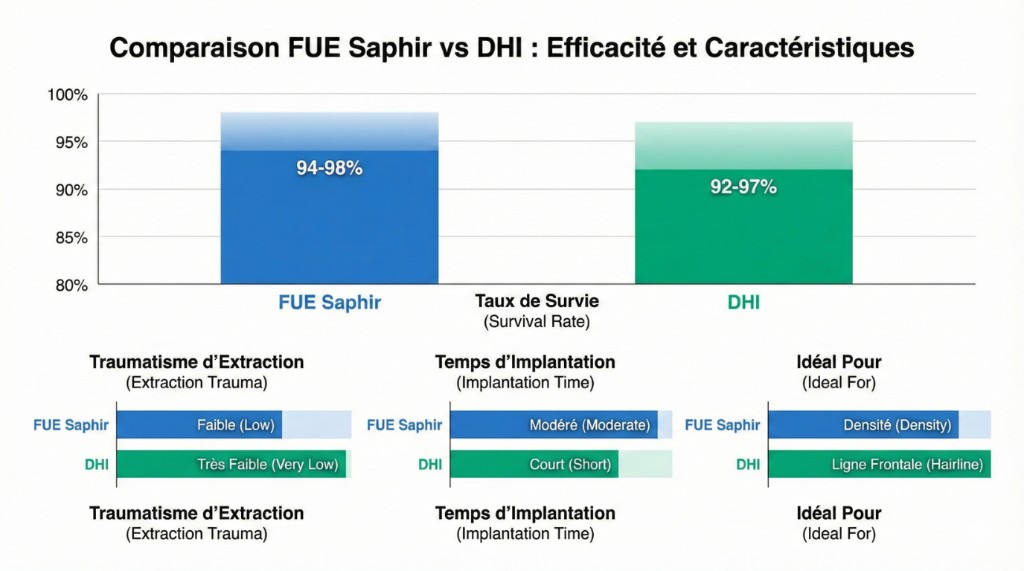Infographie comparative FUE Saphir vs DHI : taux de survie des greffons (94-98% vs 92-97%), traumatisme d'extraction (faible vs très faible), temps d'implantation (modéré vs court), idéal pour (densité vs ligne frontale) — comparaison efficacité et caractéristiques techniques