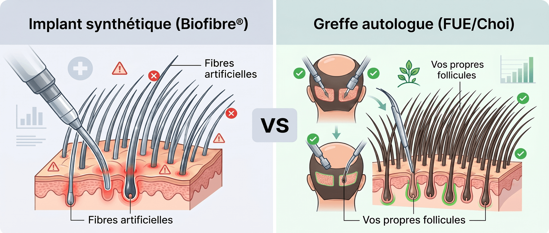 Implant Capillaire Synthétique vs Greffe de Cheveux Autologue — Comparaison Visuelle des Deux Procédures | Renaissance Clinique Comparaison visuelle entre implant capillaire synthétique Biofibre® (fibres artificielles avec marqueurs d'inflammation et de rejet) et greffe de cheveux autologue FUE/Choi Pen (transplantation de vos propres follicules pileux depuis la zone donneuse occipitale)