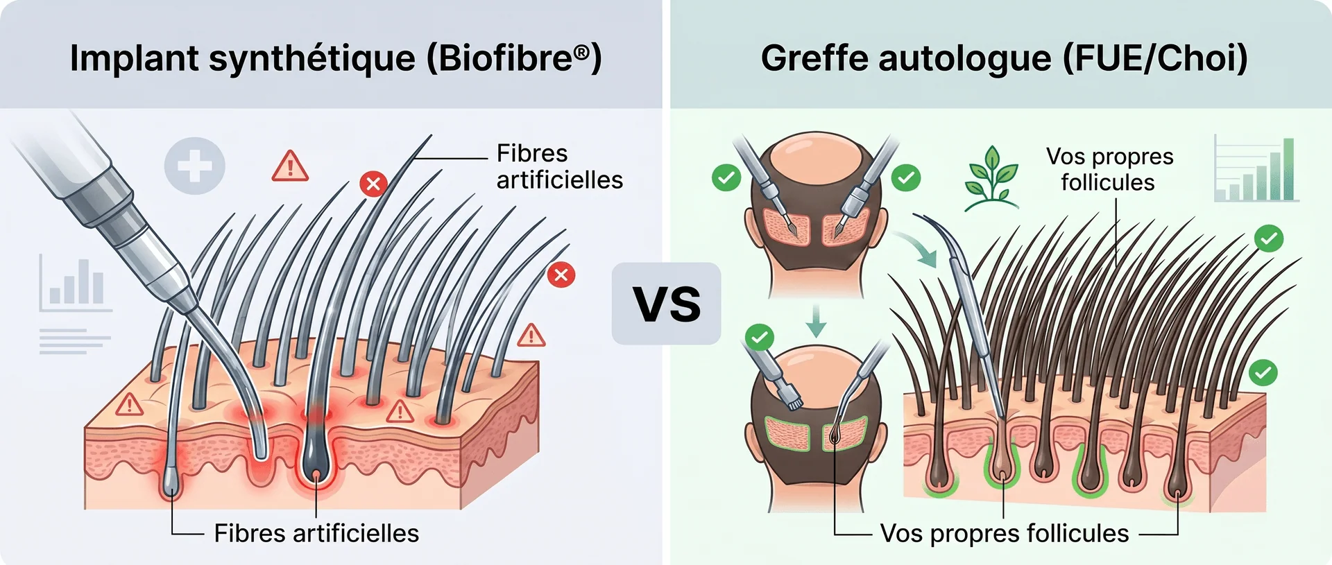 Comparaison visuelle entre implant capillaire synthétique Biofibre® (fibres artificielles avec marqueurs d'inflammation et de rejet) et greffe de cheveux autologue FUE/Choi Pen (transplantation de vos propres follicules pileux depuis la zone donneuse occipitale)