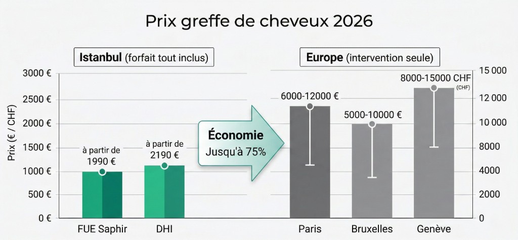 Graphique comparatif des prix de greffe de cheveux en 2026 : Istanbul forfait tout inclus (FUE Saphir à partir de 1 990 €, DHI à partir de 2 190 €) vs Europe intervention seule (Paris 6 000-12 000 €, Bruxelles 5 000-10 000 €, Genève 8 000-15 000 CHF), soit jusqu'à 75 % d'économie