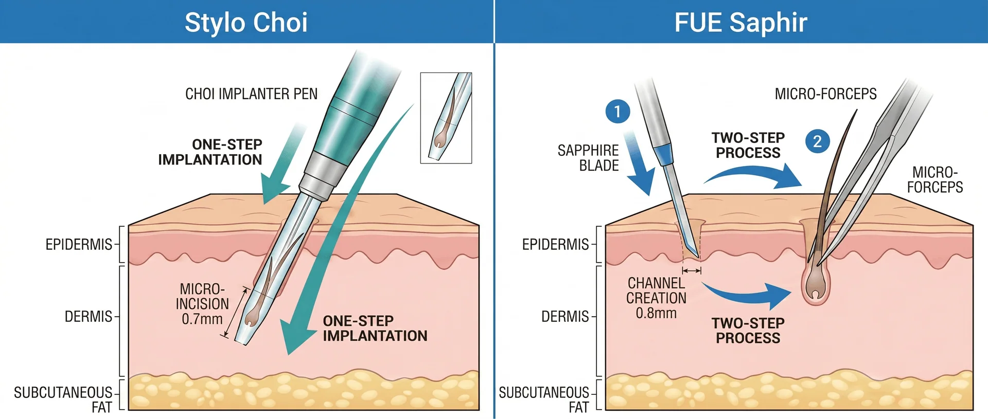 Comparaison en coupe du cuir chevelu des techniques Choi Pen vs FUE Saphir : à gauche, le stylo Choi (stylo Choi) réalise une implantation directe en 1 étape (one-step) avec micro-incision de 0.7mm traversant épiderme et derme ; à droite, la FUE Saphir procède en 2 étapes (two-step) — création du canal de 0.8mm avec lame saphir puis insertion du greffon avec micro-pinces (micro-forceps). Couches visibles : épiderme, derme, tissu sous-cutané