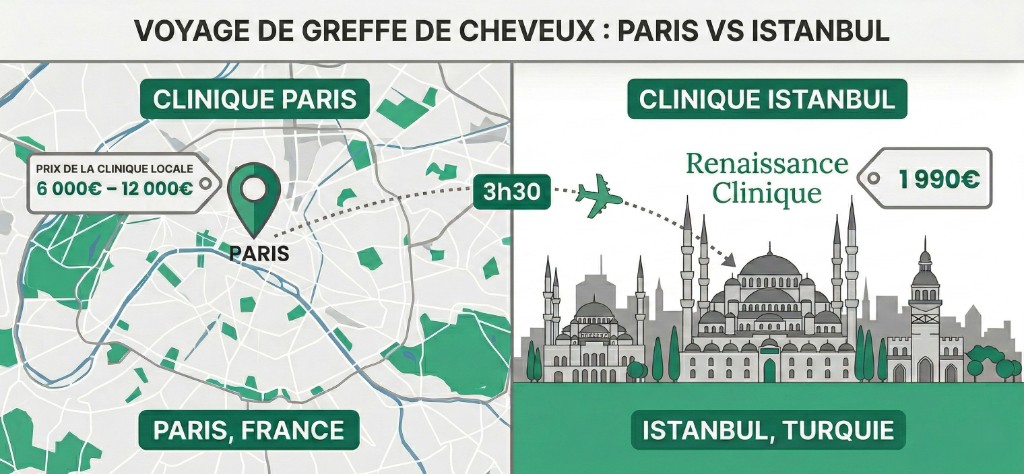 Infographie comparant les tarifs de greffe de cheveux entre Paris (6 000€ – 12 000€ en clinique locale) et Istanbul (1 990€ chez Renaissance Clinique) — vol direct de 3h30 depuis Paris CDG vers Istanbul
