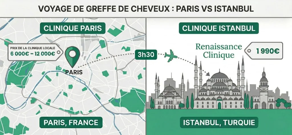 Comparaison prix greffe de cheveux Paris vs Istanbul — Forfait tout compris dès 1 990 € | Renaissance Clinique Infographie comparant les tarifs de greffe de cheveux entre Paris (6 000€ – 12 000€ en clinique locale) et Istanbul (1 990€ chez Renaissance Clinique) — vol direct de 3h30 depuis Paris CDG vers Istanbul
