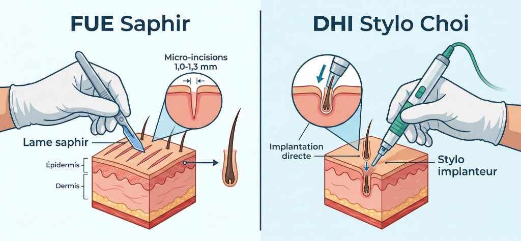 Comparaison technique FUE Saphir vs DHI Stylo Choi pour greffe de cheveux homme : à gauche, lame saphir réalisant des micro-incisions de 1,0 à 1,3 mm dans l'épiderme et le derme — à droite, stylo implanteur Choi effectuant une implantation directe du greffon sans pré-incision