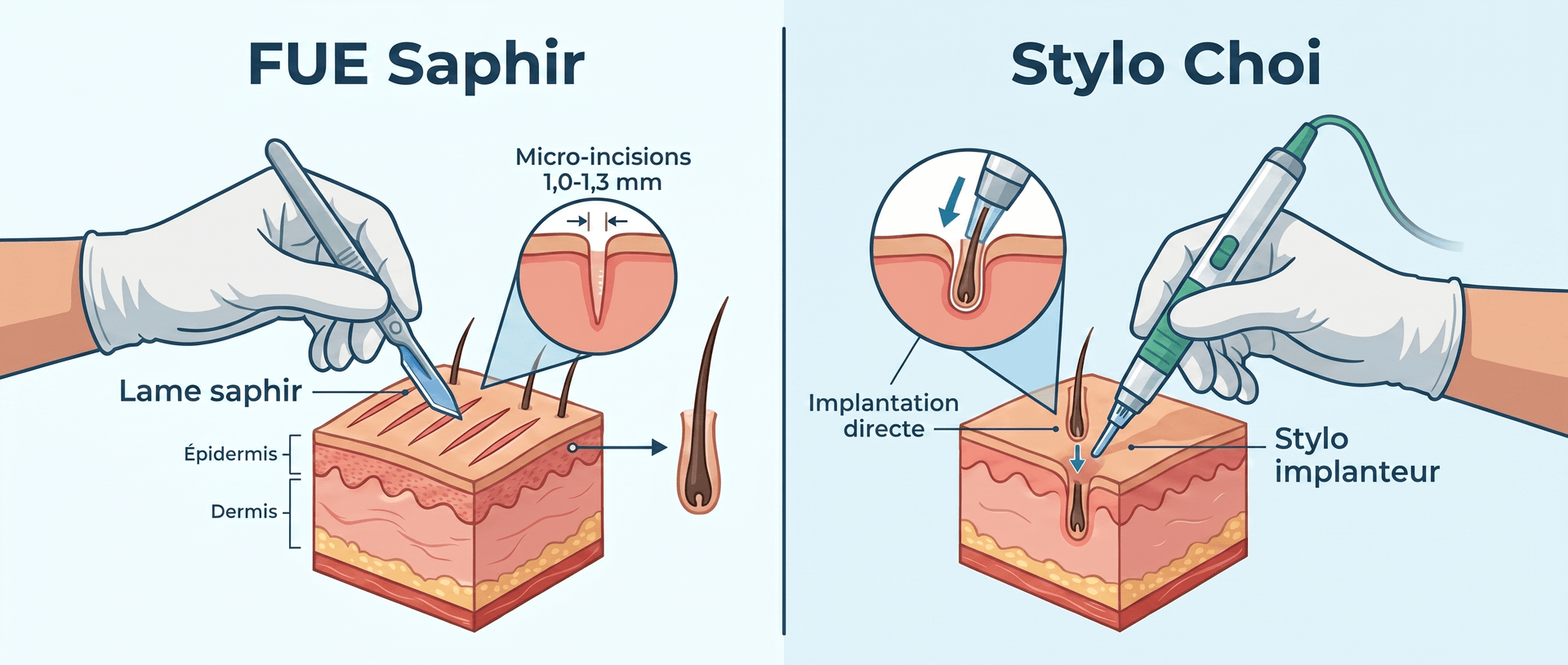 FUE Saphir vs Choi Pen Stylo Choi — Comparaison des techniques de greffe capillaire masculine | Renaissance Clinique Comparaison technique FUE Saphir vs Choi Pen Stylo Choi pour greffe de cheveux homme : à gauche, lame saphir réalisant des micro-incisions de 1,0 à 1,3 mm dans l'épiderme et le derme — à droite, stylo implanteur Choi effectuant une implantation directe du greffon sans pré-incision