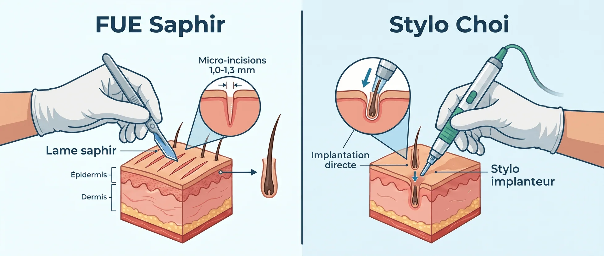 Comparaison technique FUE Saphir vs Choi Pen Stylo Choi pour greffe de cheveux homme : à gauche, lame saphir réalisant des micro-incisions de 1,0 à 1,3 mm dans l'épiderme et le derme — à droite, stylo implanteur Choi effectuant une implantation directe du greffon sans pré-incision