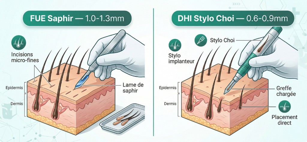 Schéma comparatif des techniques de greffe capillaire FUE Saphir et DHI au stylo Choi : à gauche, la lame en cristal de saphir réalise des micro-incisions de 1,0 à 1,3 mm dans le cuir chevelu (épiderme et derme) ; à droite, le stylo Choi implanteur place directement les greffons chargés avec des incisions de 0,6 à 0,9 mm sans incision préalable