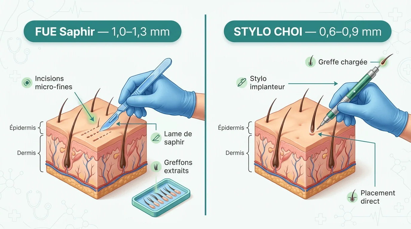 Schéma comparatif des techniques de greffe capillaire FUE Saphir et Choi Pen au stylo Choi : à gauche, la lame en cristal de saphir réalise des micro-incisions de 1,0 à 1,3 mm dans le cuir chevelu (épiderme et derme) ; à droite, le stylo Choi implanteur place directement les greffons chargés avec des incisions de 0,6 à 0,9 mm sans incision préalable