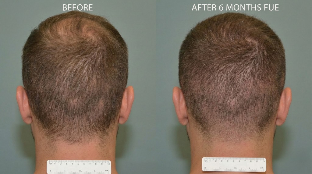 Comparaison zone donneuse FUE avant et après 6 mois : à gauche, zone occipitale avant la greffe avec légère clairsemée ; à droite, zone donneuse parfaitement cicatrisée 6 mois après extraction FUE, densité naturelle restaurée, aucune cicatrice visible