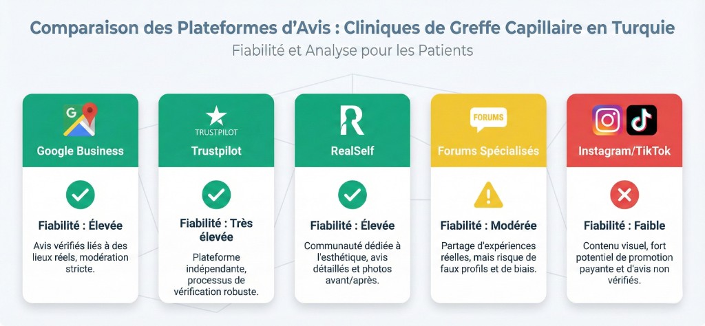 Infographie comparant la fiabilité des cinq principales plateformes d'avis pour les cliniques de greffe capillaire en Turquie : Google Business (fiabilité élevée, avis vérifiés liés à des lieux réels), Trustpilot (fiabilité très élevée, processus de vérification robuste), RealSelf (fiabilité élevée, avis détaillés et photos avant/après), Forums spécialisés (fiabilité modérée, risque de faux profils), Instagram/TikTok (fiabilité faible, promotion payante et avis non vérifiés)