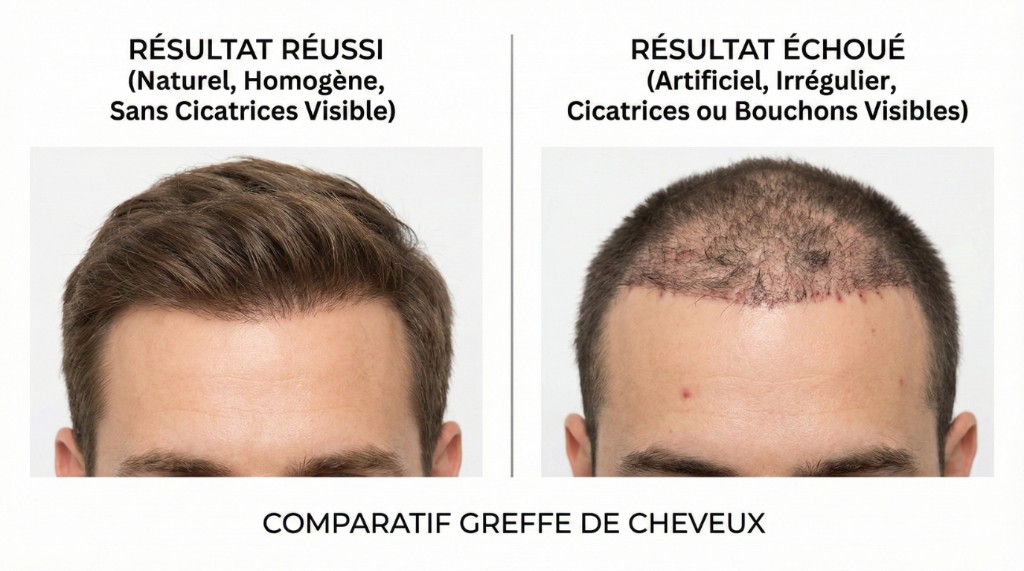 Comparatif greffe de cheveux réussie vs ratée : à gauche, résultat réussi avec ligne frontale naturelle, densité homogène et aucune cicatrice visible ; à droite, résultat échoué avec ligne artificielle rectiligne, densité irrégulière et cicatrices ou bouchons visibles