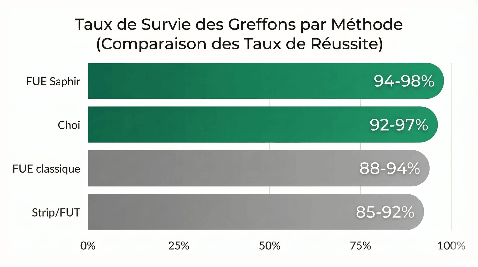 Infographie comparative des taux de survie des greffons par méthode : FUE Saphir 94-98%, Choi Pen 92-97%, FUE classique 88-94%, Strip/FUT 85-92% — graphique à barres horizontales avec comparaison des taux de réussite