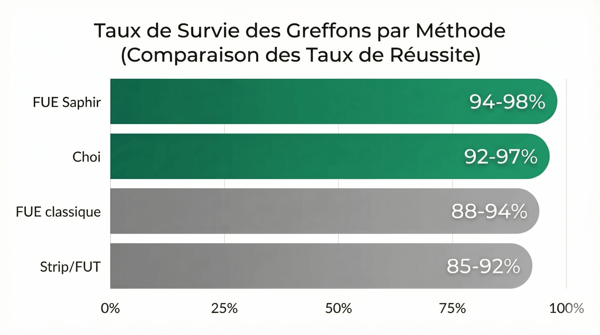 Infographie comparative des taux de survie des greffons par méthode : FUE Saphir 94-98%, Choi Pen 92-97%, FUE classique 88-94%, Strip/FUT 85-92% — graphique à barres horizontales avec comparaison des taux de réussite