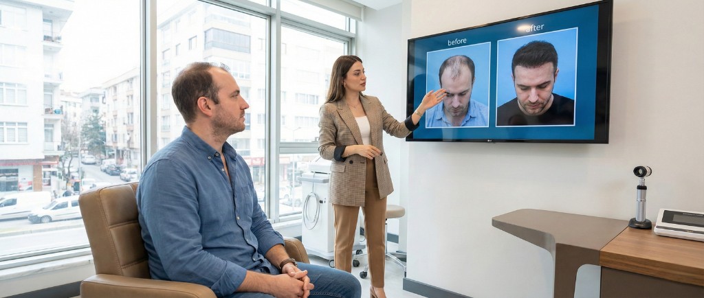 Consultation pré-opératoire de greffe capillaire dans une clinique moderne à Istanbul : la coordinatrice médicale francophone présente les photos avant/après vérifiées sur un écran grand format au patient, montrant les résultats réels d'une greffe FUE Saphir — bureau de consultation avec équipement médical et vue sur Istanbul
