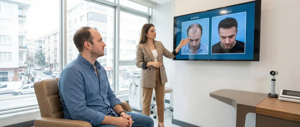 Consultation greffe de cheveux à Istanbul — Présentation des résultats avant/après au patient | Renaissance Clinique Consultation pré-opératoire de greffe capillaire dans une clinique moderne à Istanbul : la coordinatrice médicale francophone présente les photos avant/après vérifiées sur un écran grand format au patient, montrant les résultats réels d'une greffe FUE Saphir — bureau de consultation avec équipement médical et vue sur Istanbul