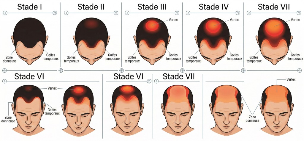 Schéma de l'échelle de Norwood-Hamilton : classification de la calvitie masculine en 7 stades avec vue de dessus et vue frontale — Stade I (pas de perte visible), Stade II (recul des golfes temporaux), Stade III (golfes marqués), Stade IV (perte frontale + début vertex), Stade V (pont capillaire aminci), Stade VI-VII (calvitie étendue). Zones de perte capillaire en rouge, zone donneuse résistante à la DHT indiquée