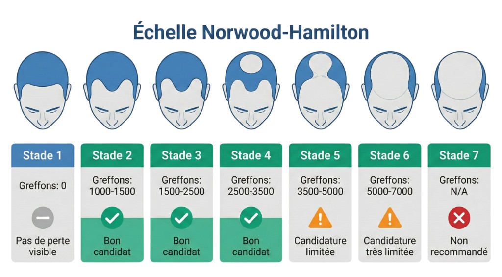 Infographie de l'échelle Norwood-Hamilton : 7 stades de calvitie masculine avec nombre de greffons recommandés par stade (stade 1 : 0 greffon, stade 2 : 1 000-1 500, stade 3 : 1 500-2 500, stade 4 : 2 500-3 500, stade 5 : 3 500-5 000, stade 6 : 5 000-7 000, stade 7 : non recommandé) et indicateur de candidature (bon candidat, candidature limitée, non recommandé)