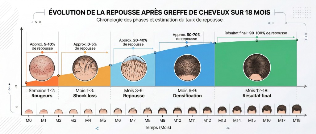 Chronologie de l'évolution de la repousse après greffe de cheveux sur 18 mois en 5 phases : Semaine 1-2 rougeurs et croûtes (5-10 % de repousse), Mois 1-3 shock loss (0-5 %), Mois 3-6 repousse progressive (20-40 %), Mois 6-9 densification (50-70 %), Mois 12-18 résultat final (90-100 % de repousse) — graphique avec axe temporel M0 à M18 et illustrations photographiques de chaque phase