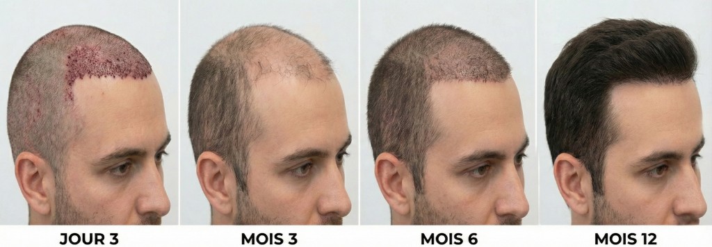 Évolution photographique des résultats d'une greffe de cheveux FUE Saphir en 4 étapes sur le même patient : Jour 3 post-opératoire (croûtes et rougeurs visibles sur la zone greffée), Mois 3 (phase de shock loss avec chute des tiges greffées), Mois 6 (repousse progressive visible, densité ~60%), Mois 12 (résultat final dense avec ligne frontale naturelle)