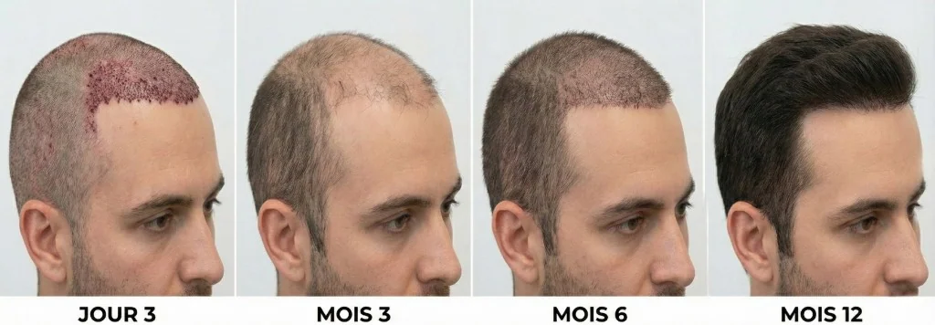 Évolution des Résultats Greffe FUE Saphir — Jour 3, Mois 3, Mois 6, Mois 12 | Renaissance Clinique Évolution photographique des résultats d'une greffe de cheveux FUE Saphir en 4 étapes sur le même patient : Jour 3 post-opératoire (croûtes et rougeurs visibles sur la zone greffée), Mois 3 (phase de shock loss avec chute des tiges greffées), Mois 6 (repousse progressive visible, densité ~60%), Mois 12 (résultat final dense avec ligne frontale naturelle)