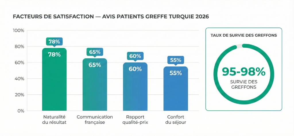 Graphique des facteurs de satisfaction des patients ayant réalisé une greffe capillaire en Turquie en 2026 : naturalité du résultat 78 %, communication française 65 %, rapport qualité-prix 60 %, confort du séjour 55 % — avec indicateur du taux de survie des greffons de 95-98 % (données extraites d'avis vérifiés Google Business et Trustpilot)