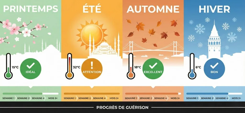 Infographie des 4 saisons pour une greffe de cheveux à Istanbul : Printemps (15°C, badge Idéal, cerisiers en fleurs et silhouette de la mosquée Süleymaniye), Été (32°C, badge Attention, soleil intense et Mosquée Bleue), Automne (18°C, badge Excellent, feuilles d'automne et pont du Bosphore), Hiver (6°C, badge Bon, flocons de neige et Tour de Galata). Barre de progression de guérison par saison en bas : Semaine 1, Semaine 2, Semaine 4, Mois 3+.