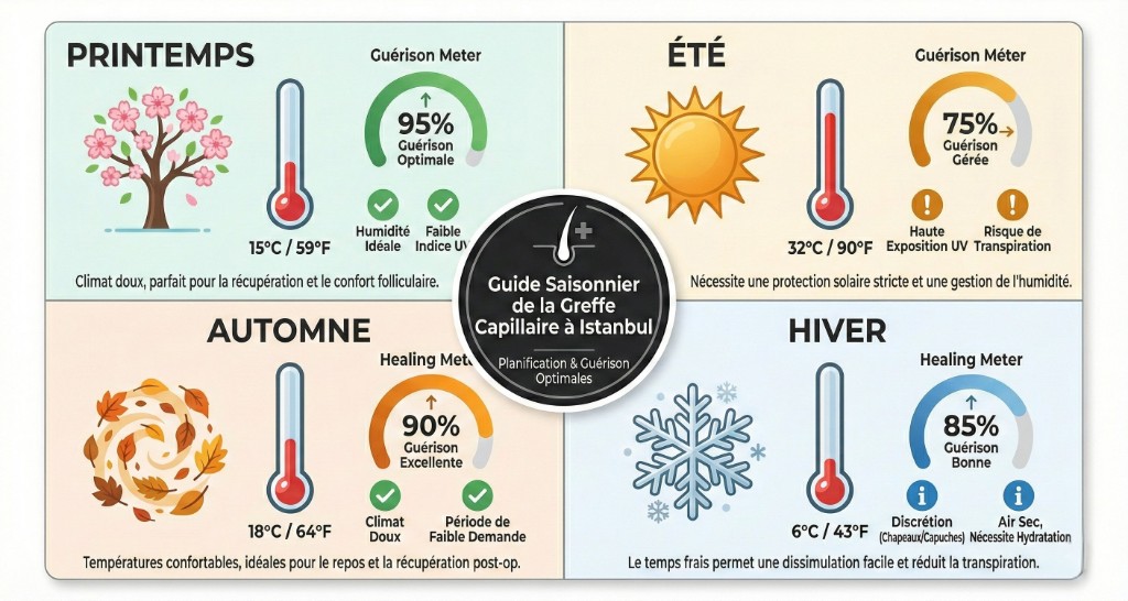 Guide saisonnier de la greffe capillaire à Istanbul en 4 quadrants : Printemps (15°C/59°F, guérison optimale 95%, humidité idéale, faible indice UV — climat doux parfait pour la récupération et le confort folliculaire), Été (32°C/90°F, guérison gérée 75%, haute exposition UV, risque de transpiration — nécessite protection solaire stricte), Automne (18°C/64°F, guérison excellente 90%, climat doux, période de faible demande — températures confortables idéales pour le repos post-op), Hiver (6°C/43°F, guérison bonne 85%, discrétion par chapeaux/capuches, air sec nécessitant hydratation — dissimulation facile et transpiration réduite). Badge central : Guide Saisonnier de la Greffe Capillaire à Istanbul — Planification & Guérison Optimales.