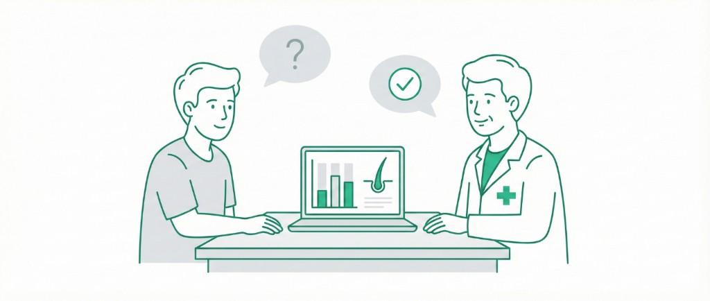 Questions Fréquentes Greffe de Cheveux — Consultation et diagnostic capillaire | Renaissance Clinique Illustration d'une consultation médicale greffe de cheveux : médecin et patient face à un ordinateur affichant les résultats d'analyse capillaire et du follicule pileux, bulles de dialogue avec question et validation, ambiance professionnelle et rassurante