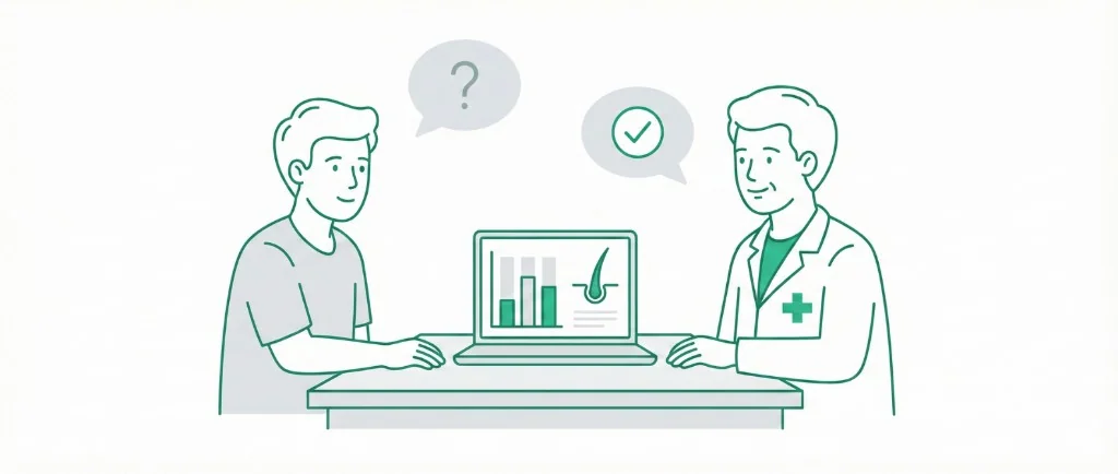 Illustration d'une consultation médicale greffe de cheveux : médecin et patient face à un ordinateur affichant les résultats d'analyse capillaire et du follicule pileux, bulles de dialogue avec question et validation, ambiance professionnelle et rassurante