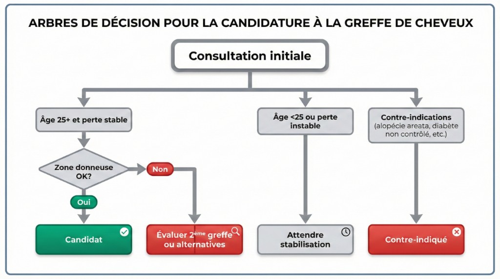 Infographie : arbre de décision pour la candidature à une greffe de cheveux. Consultation initiale, critères d'éligibilité (âge 25+, perte stable, zone donneuse OK), contre-indications (alopécie areata, diabète non contrôlé) et alternatives (2ème greffe ou attente de stabilisation).