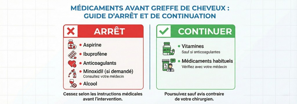 Infographie médicaments avant greffe de cheveux — guide d'arrêt et de continuation : colonne ARRÊT (fond rouge) listant Aspirine, Ibuprofène, Anticoagulants, Minoxidil si demandé et Alcool ; colonne CONTINUER (fond vert) listant Vitamines (sauf si anticoagulantes) et Médicaments habituels (vérifier avec le médecin)