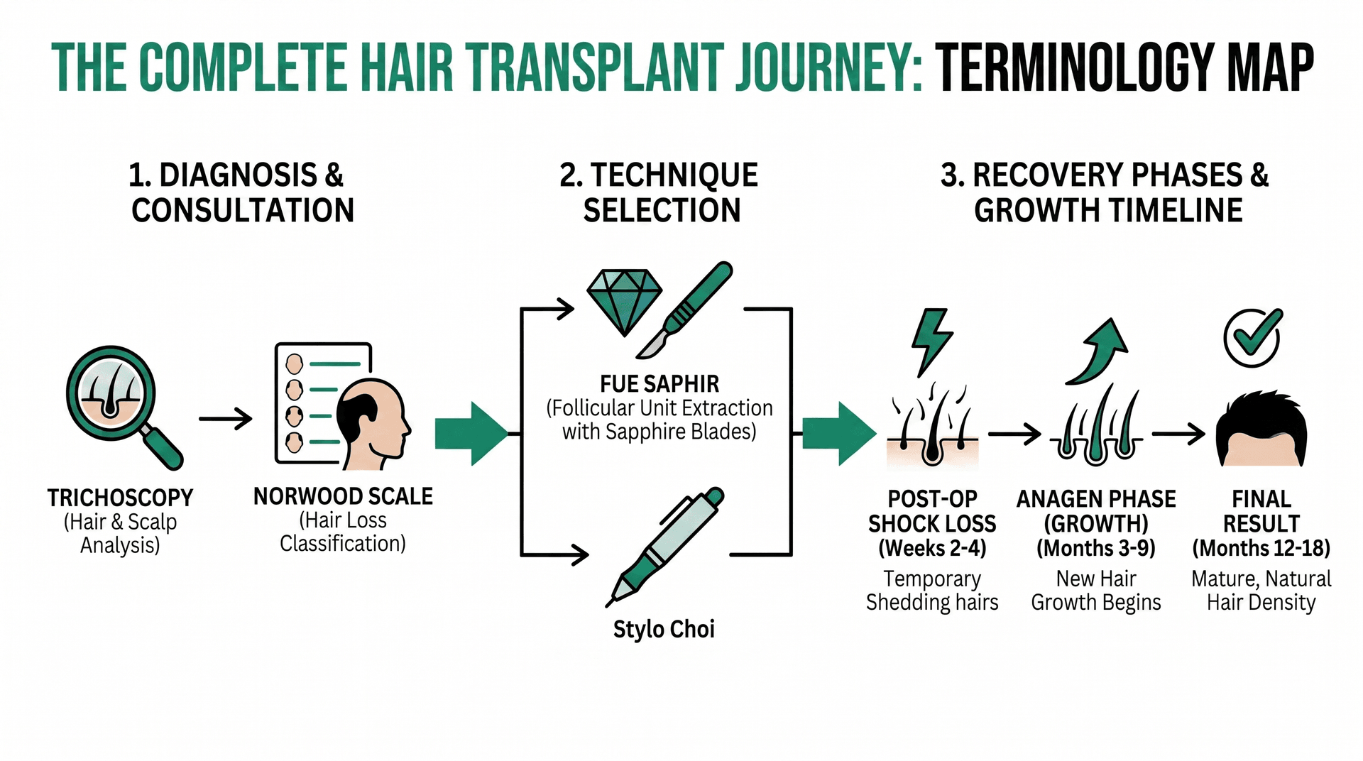 Parcours Complet de la Greffe de Cheveux — Étapes, Techniques et Chronologie | Renaissance Clinique Infographie illustrant le parcours complet de la greffe de cheveux : du diagnostic par trichoscopie et classification Norwood au choix des techniques FUE Saphir ou Choi Pen, puis aux phases de récupération post-opératoire (chute de choc, phase anagène, résultat final)
