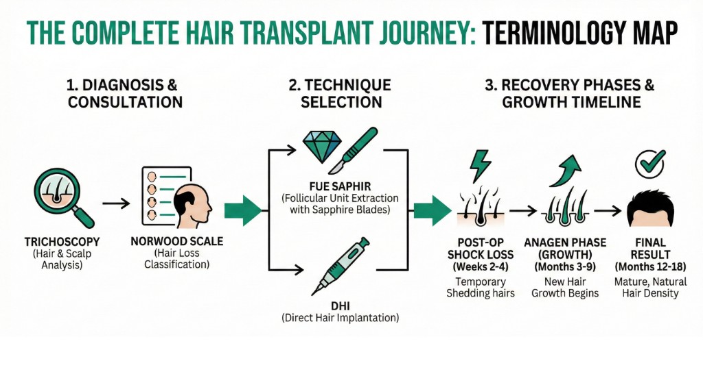 Infographie illustrant le parcours complet de la greffe de cheveux : du diagnostic par trichoscopie et classification Norwood au choix des techniques FUE Saphir ou DHI, puis aux phases de récupération post-opératoire (chute de choc, phase anagène, résultat final)