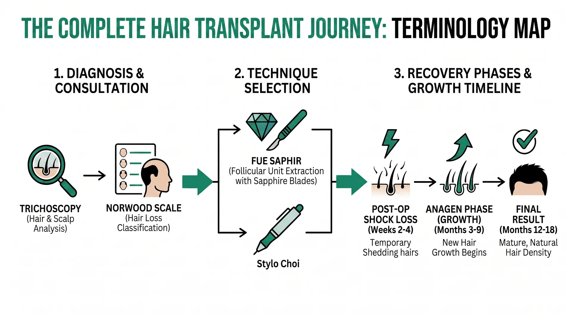 Infographie illustrant le parcours complet de la greffe de cheveux : du diagnostic par trichoscopie et classification Norwood au choix des techniques FUE Saphir ou Choi Pen, puis aux phases de récupération post-opératoire (chute de choc, phase anagène, résultat final)