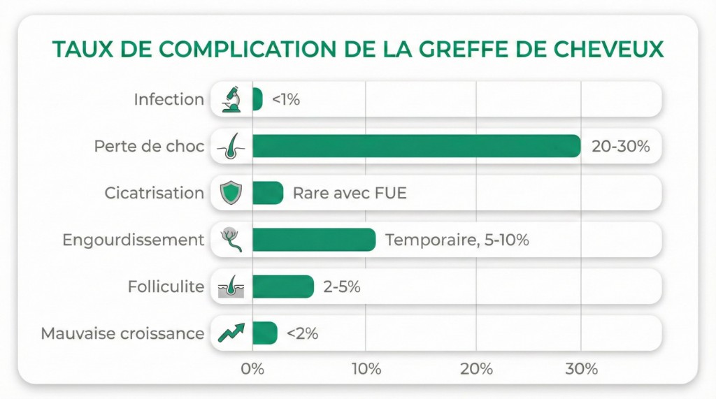 Taux de complication de la greffe de cheveux — Données statistiques par type de risque | Renaissance Clinique Infographie médicale : taux de complications de la greffe de cheveux — Infection (<1%), Perte de choc (20-30%), Cicatrisation (rare avec FUE), Engourdissement temporaire (5-10%), Folliculite (2-5%), Mauvaise croissance (<2%)