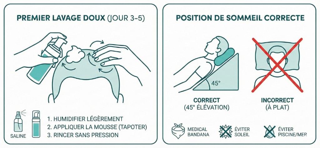 Instructions de soins post-opératoires après greffe Choi Pen en deux panneaux : à gauche, premier lavage doux (Jour 3-5) — spray saline pour humidifier, application de mousse en tapotant du bout des doigts, rinçage sans pression en 3 étapes ; à droite, position de sommeil correcte à 45° d’élévation avec coussin cervical (correct) vs position à plat barrée d’une croix rouge (incorrect). Icônes : bandana médical, éviter soleil, éviter piscine/mer