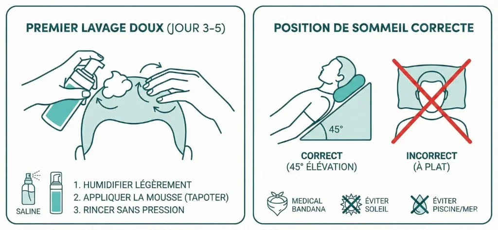 Instructions de soins post-opératoires après greffe Choi Pen en deux panneaux : à gauche, premier lavage doux (Jour 3-5) — spray saline pour humidifier, application de mousse en tapotant du bout des doigts, rinçage sans pression en 3 étapes ; à droite, position de sommeil correcte à 45° d’élévation avec coussin cervical (correct) vs position à plat barrée d’une croix rouge (incorrect). Icônes : bandana médical, éviter soleil, éviter piscine/mer