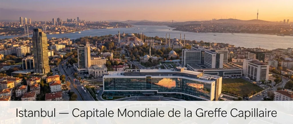 Vue panoramique aérienne d'Istanbul au coucher du soleil montrant le Bosphore, les mosquées historiques, les hôpitaux modernes et un centre médical à facade vitrée — capitale mondiale de la greffe capillaire avec plus de 600 000 interventions par an et 50% du marché mondial