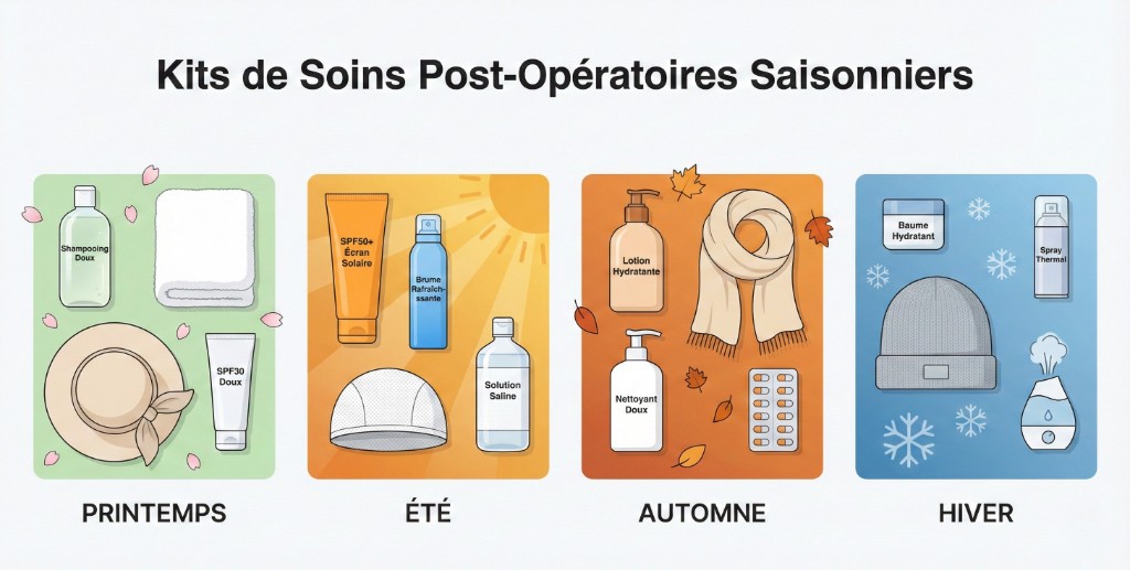 Kits de soins post-opératoires saisonniers pour greffe de cheveux, 4 panneaux illustrés : Printemps (fond vert pastel avec pétales de cerisier — shampooing doux, serviette moelleuse, chapeau de paille à large bord, tube SPF30 doux), Été (fond ambre avec rayons de soleil — tube SPF50+ écran solaire, brume rafraîchissante, solution saline), Automne (fond orange chaud avec feuilles d'automne — lotion hydratante, nettoyant doux, écharpe légère), Hiver (fond bleu froid avec flocons de neige — baume hydratant, bonnet médical souple gris, spray thermal, humidificateur d'air). Titre : Kits de Soins Post-Opératoires Saisonniers.