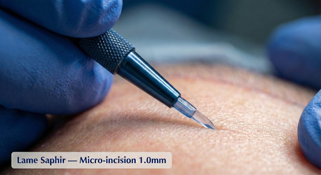 Gros plan médical sur une lame en saphir réalisant une micro-incision lors d'une greffe FUE Saphir : pointe cristalline bleue translucide pénétrant le cuir chevelu avec précision millimétrique, gants chirurgicaux bleus, environnement stérile — label 'Lame Saphir — Micro-incision 1.0mm'