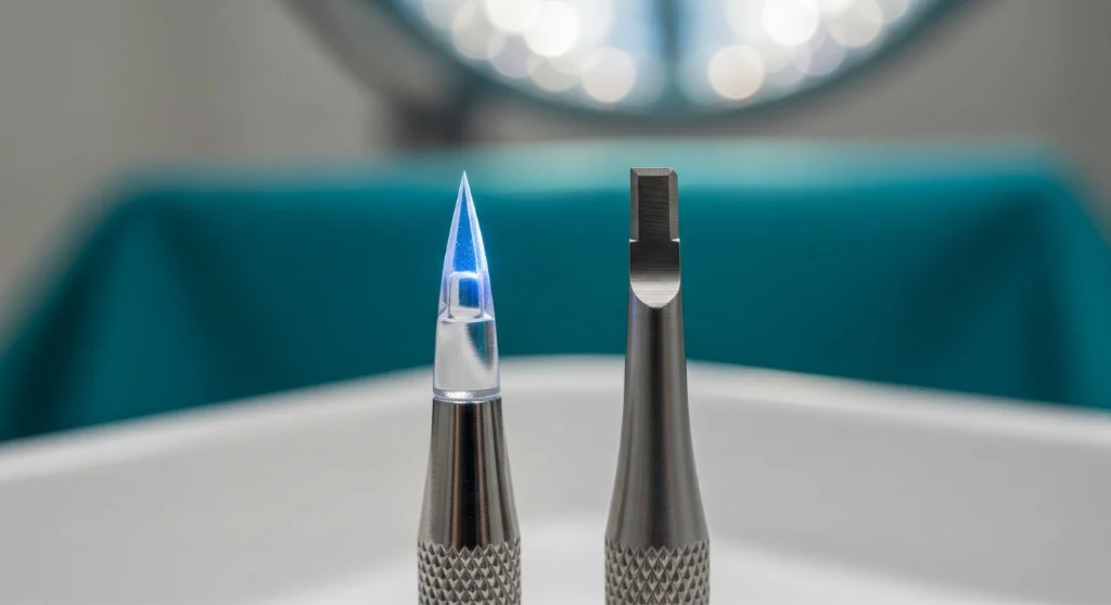 Lame Saphir vs Lame Acier — Comparaison des Micro-Lames pour Greffe FUE Saphir | Renaissance Clinique Comparaison macro entre une lame en saphir synthétique (gauche, pointe translucide bleutée, incision en V) et une lame en acier chirurgical (droite, pointe plate, incision en U) utilisées en greffe capillaire FUE — la lame saphir offre un tranchant 30% plus fin grâce à sa dureté de 9 sur l'échelle de Mohs