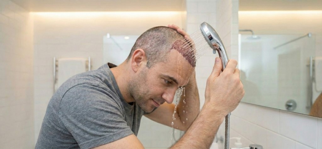 Patient réalisant le lavage post-opératoire de son cuir chevelu 5 jours après une greffe FUE Saphir : jet doux du pommeau de douche sur la zone greffée montrant les micro-croûtes rosées en cicatrisation sur le sommet du crâne, dans une salle de bain moderne