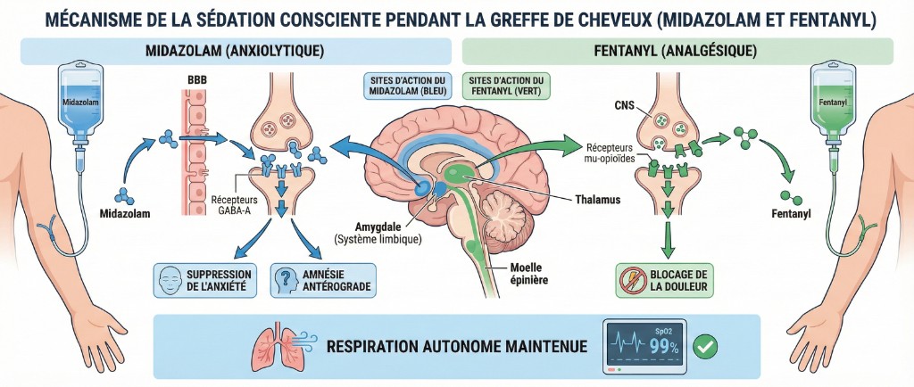 Schéma médical du double mécanisme de la sédation consciente pendant une greffe de cheveux : voie du midazolam (anxiolytique, récepteurs GABA-A dans le système limbique, amygdale) produisant suppression de l'anxiété et amnésie antérograde, et voie du fentanyl (analgésique opioïde, récepteurs mu-opioïdes dans le thalamus et la moelle épinière) bloquant les signaux douloureux, avec maintien de la respiration autonome (SpO2 99%)