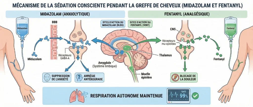 Schéma médical du double mécanisme de la sédation consciente pendant une greffe de cheveux : voie du midazolam (anxiolytique, récepteurs GABA-A dans le système limbique, amygdale) produisant suppression de l'anxiété et amnésie antérograde, et voie du fentanyl (analgésique opioïde, récepteurs mu-opioïdes dans le thalamus et la moelle épinière) bloquant les signaux douloureux, avec maintien de la respiration autonome (SpO2 99%)