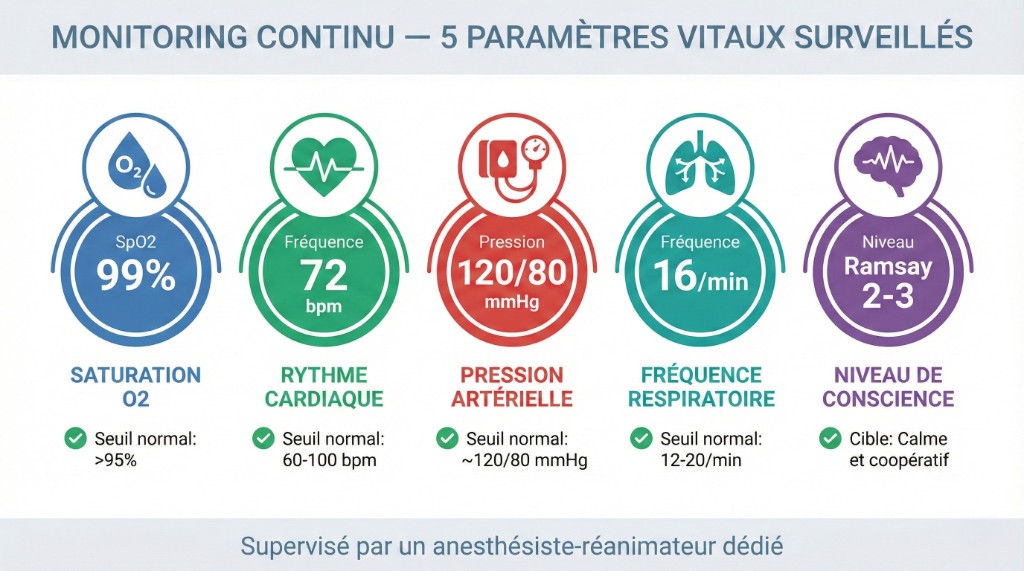 Infographie des 5 paramètres vitaux surveillés en continu pendant la sédation légère IV en greffe capillaire : saturation en oxygène (SpO2 99%), rythme cardiaque (72 bpm), pression artérielle (120/80 mmHg), fréquence respiratoire (16/min) et niveau de conscience (Ramsay 2-3), supervisé par un anesthésiste-réanimateur dédié