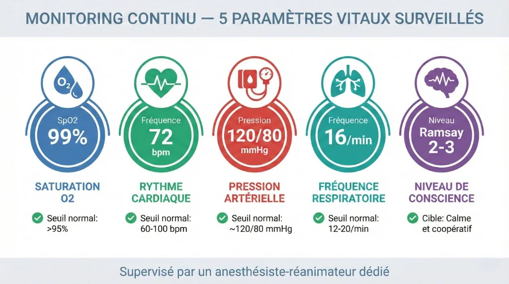 Infographie des 5 paramètres vitaux surveillés en continu pendant la sédation légère IV en greffe capillaire : saturation en oxygène (SpO2 99%), rythme cardiaque (72 bpm), pression artérielle (120/80 mmHg), fréquence respiratoire (16/min) et niveau de conscience (Ramsay 2-3), supervisé par un anesthésiste-réanimateur dédié